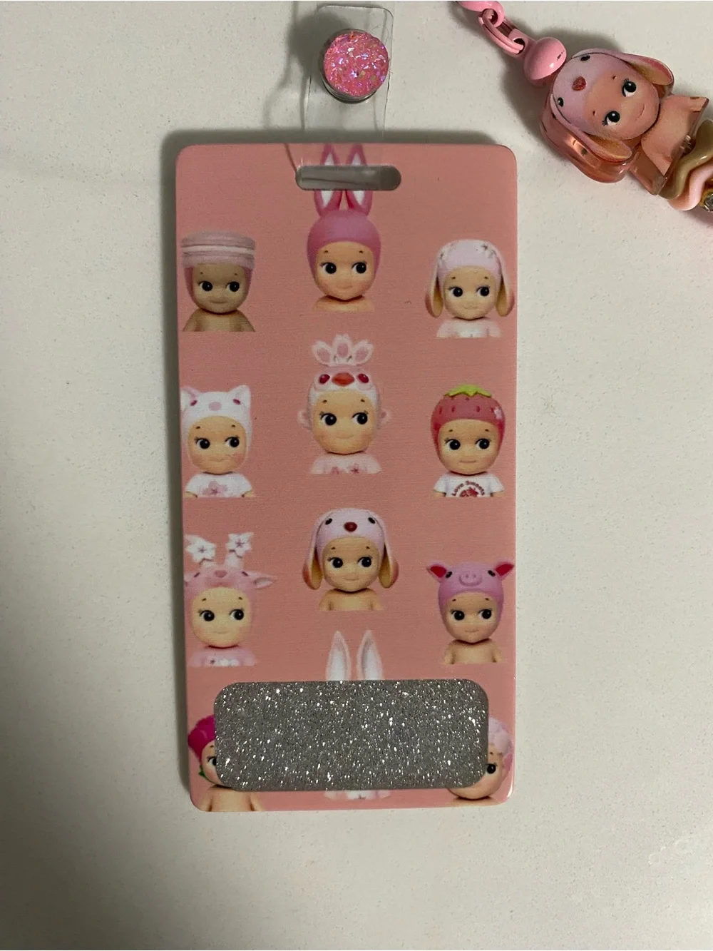 Pink Cute Doll Charm ID Badge Holder with Beaded Accent